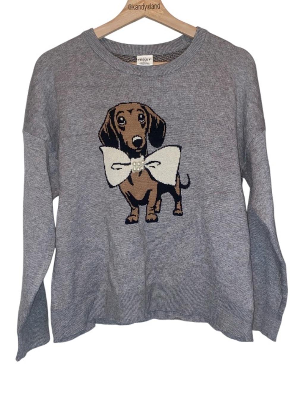 NIKKA K Gray Dachshund Sweater featuring a bow with pearl details